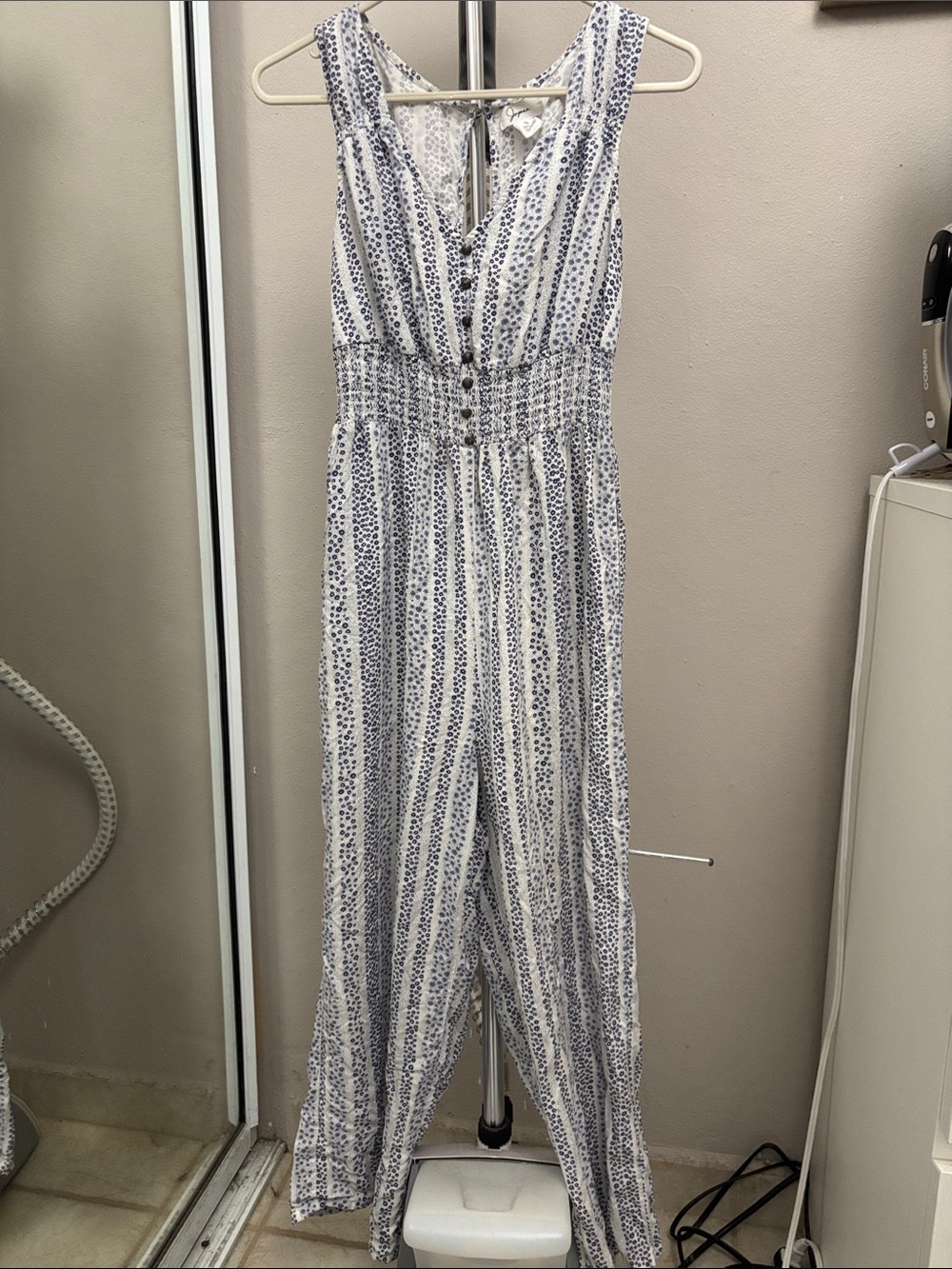 Japna White and Blue Flower Print Sleeveless Smocked-Waist Jumpsuit